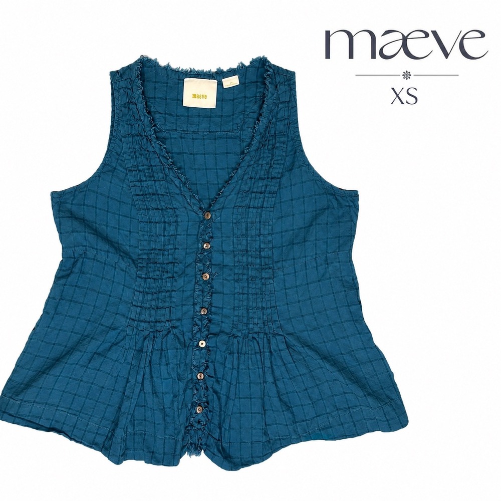Maeve Anthropologie Teal Plaid Pintuck Sleeveless Button Front Top XS Blue